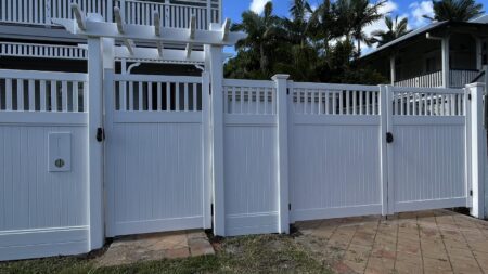 Mary PVC fence gallery gate section with overhead arbor by Queensland Fencing Specialists