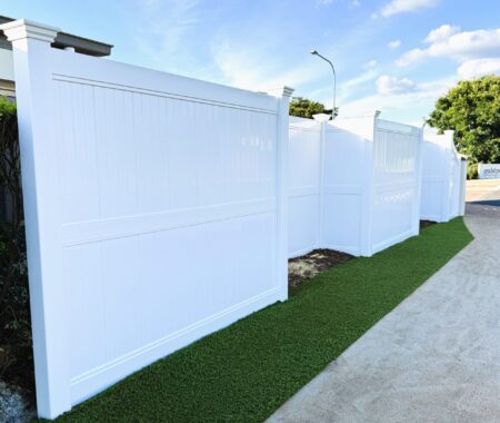 Lady Jane full privacy fence gallery with stepped panel layout by Queensland Fencing Specialists