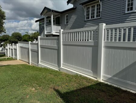Mary PVC fence gallery installation beside a Queensland heritage-style home by Queensland Fencing Specialists
