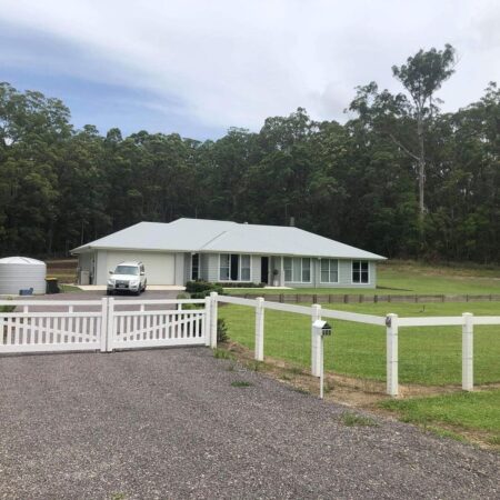 Isabella picket fence gallery rural front entry gate by Queensland Fencing Specialists