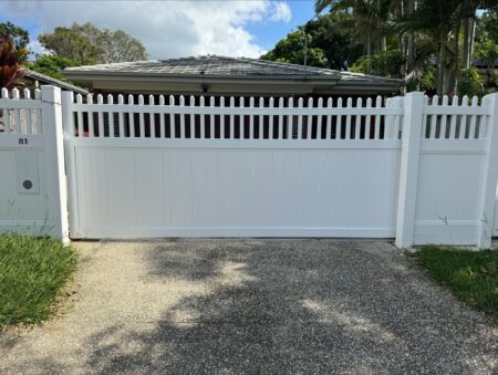 Eleanor picket-top privacy fence gallery with sliding driveway gate by Queensland Fencing Specialists