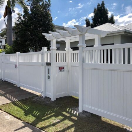 Mary PVC fence gallery with entry gate and arbor feature by Queensland Fencing Specialists