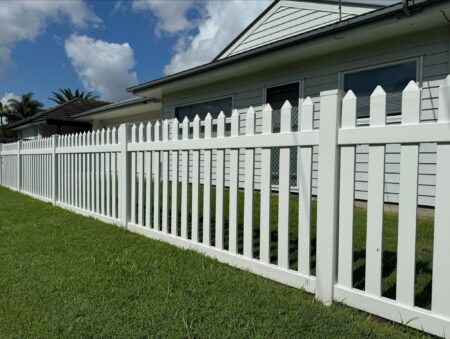 Anne straight-style picket fence gallery along a residential side boundary by Queensland Fencing Specialists