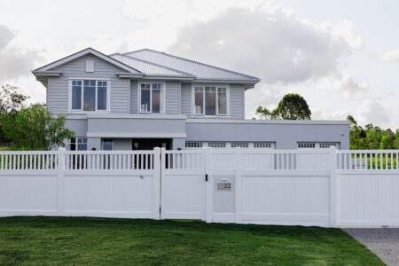 Mary PVC fence gallery front elevation with integrated entry gate by Queensland Fencing Specialists