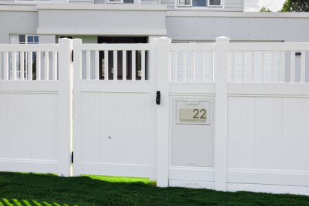 Mary PVC fence gallery letterbox panel and gate detail by Queensland Fencing Specialists